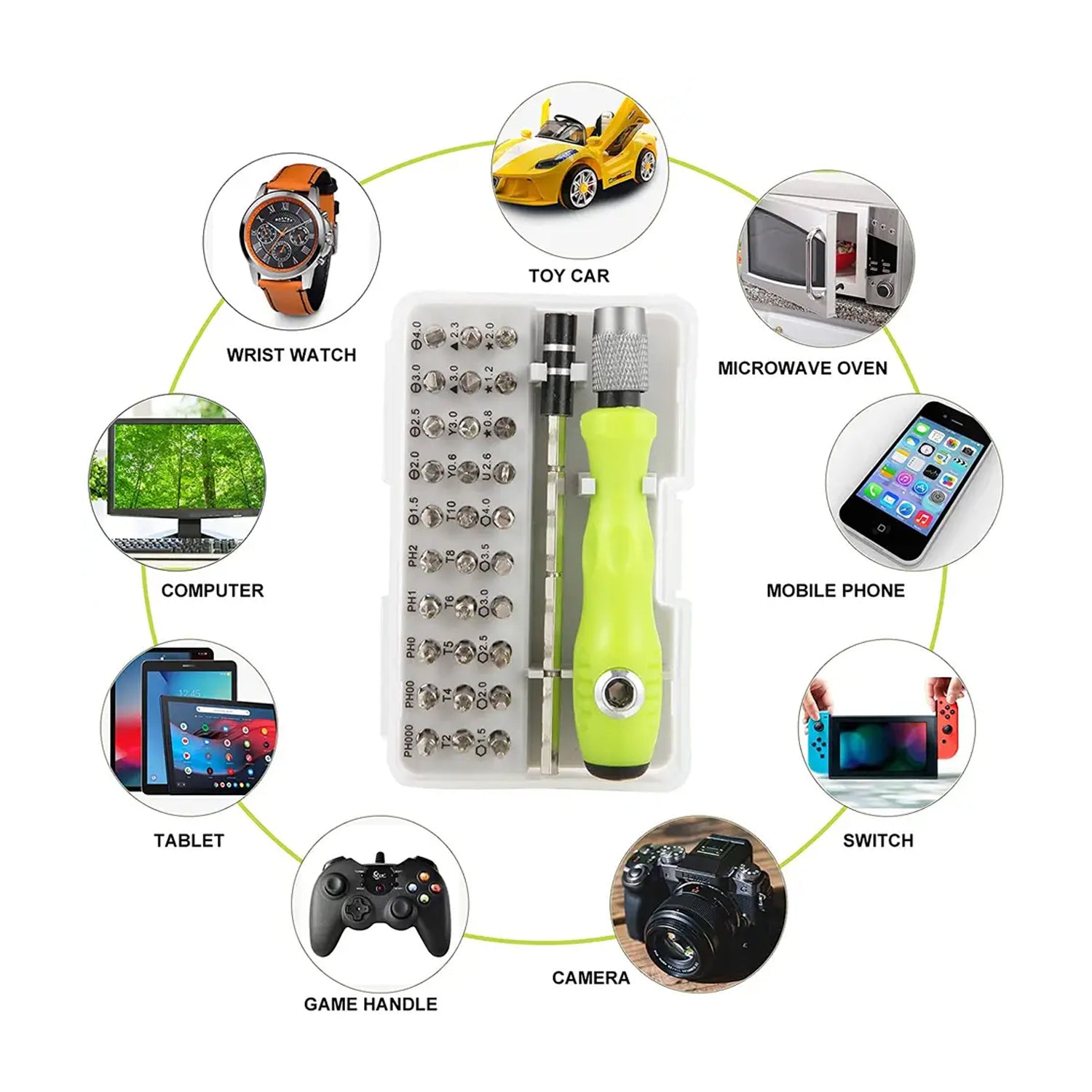 Magnetic screwdriver bits set, 32 pieces with extension rod, for precision repairs. Magnetic screwdriver bits set, 32 pieces with extension rod, for precision repairs.